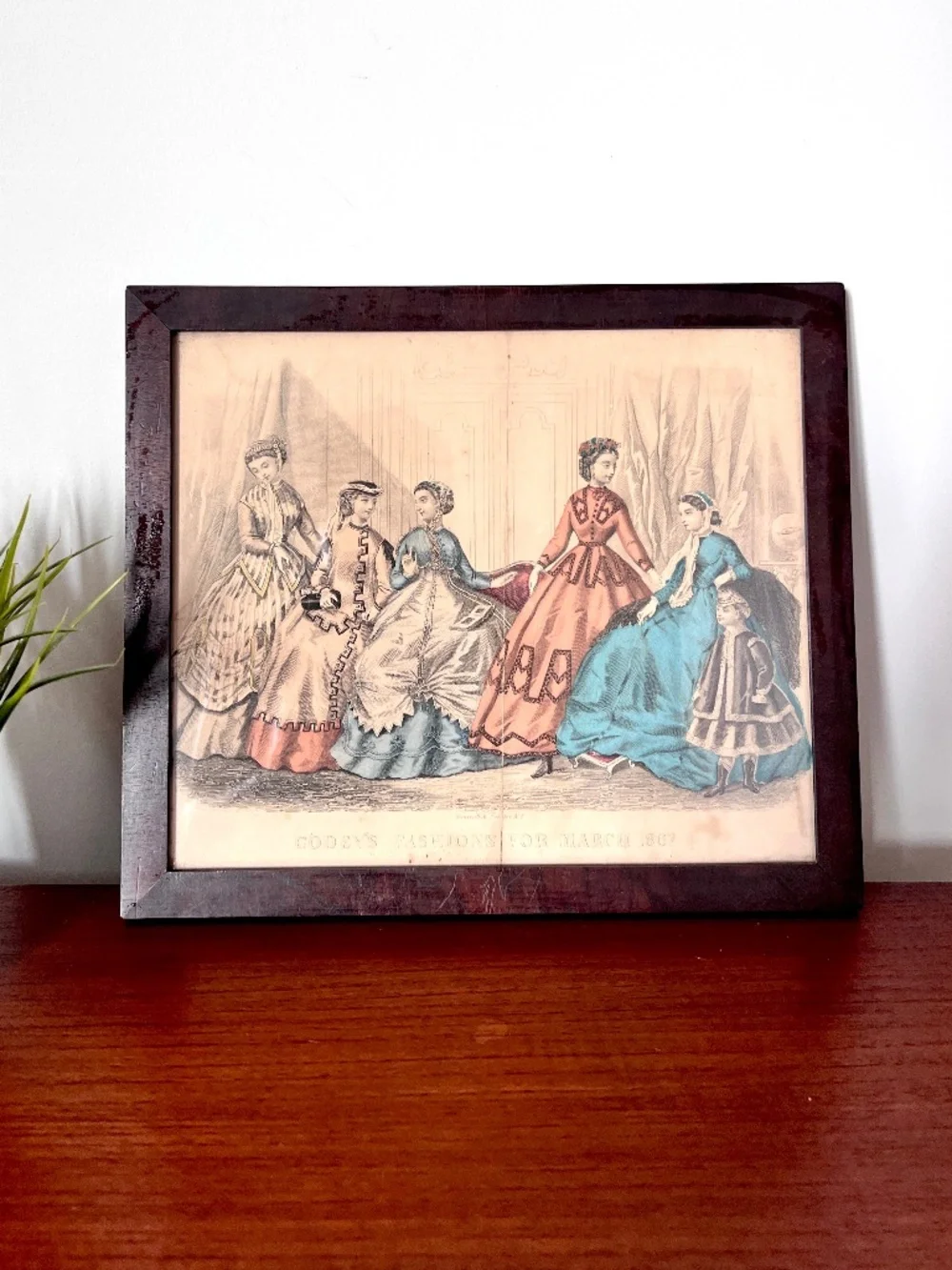 Antique Rare Wall Art Victorian Fashions 1867 Lithograph 12 x 10 Wood Frame